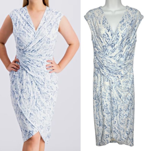 DKNY Gathered Faux Wrap Dress size 8 Blue Snake Print Surplice Tulip Skirt - Picture 1 of 9